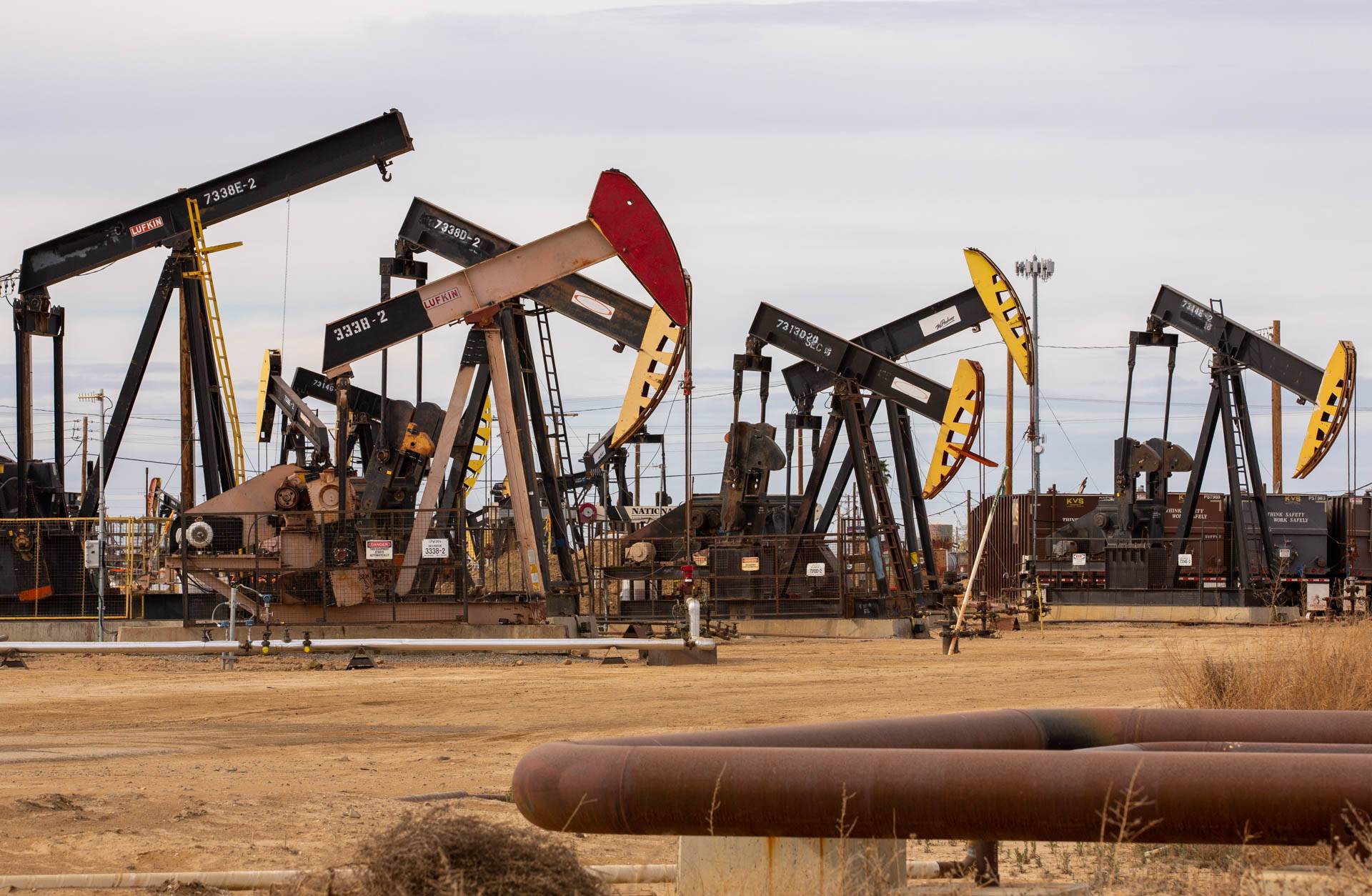 A group of Aera Energy oil wells in Kern County's South Belridge oil field as seen on March 9, 2020.  Dan Brekke/KQED