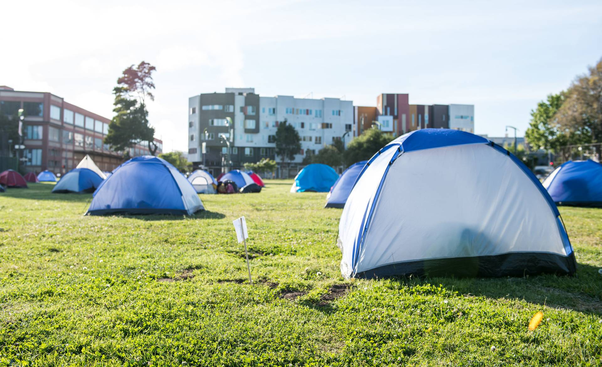 Tents are spaced for social distancing at Bay View Park K.C. Jones Playground on May 5, 2020. Beth LaBerge/KQED