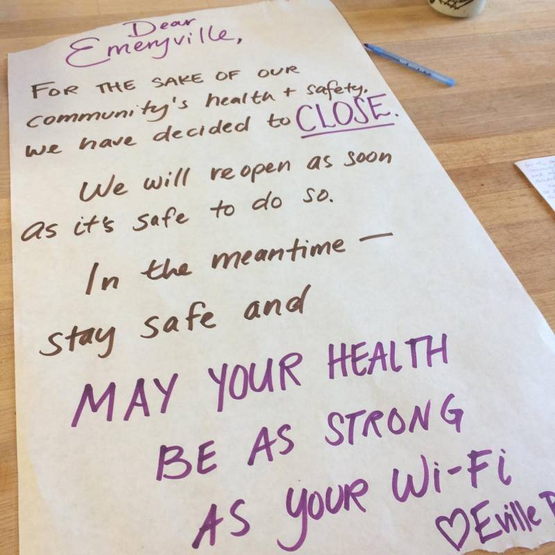 A sign announcing Arizmendi in Emeryville would close do to coronavirus health concerns.