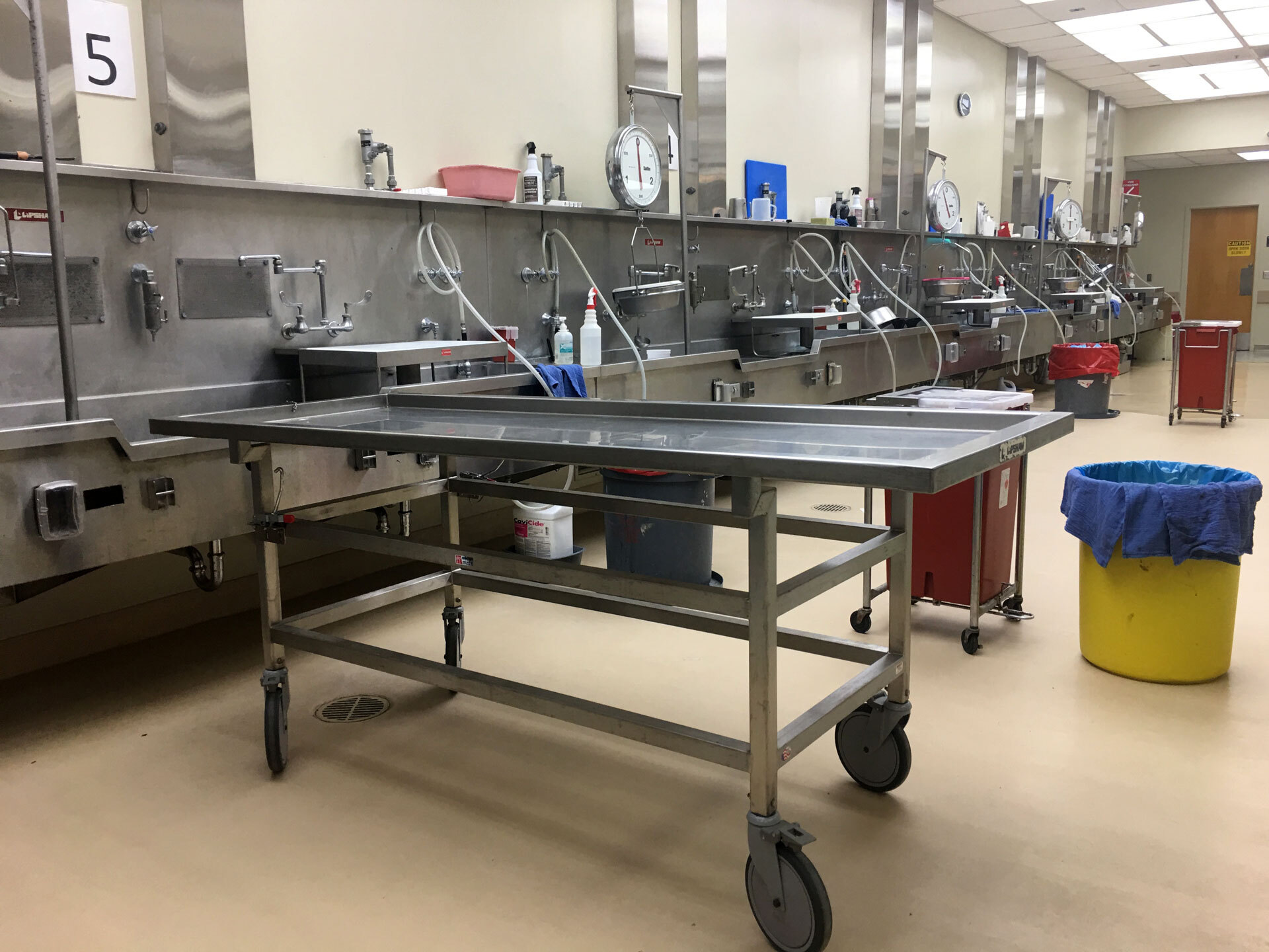 An examination table in the Santa Clara County morgue at the medical examiner's office.