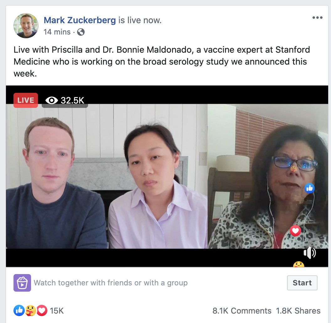 Facebook CEO Mark Zuckerberg and his wife, Priscilla Chan, interviewed Stanford vaccine expert Dr. Bonnie Maldonado on Facebook Live on May 1, 2020. The event was not a riveting plug for the video streaming service but more than 35,000 people did try to watch.