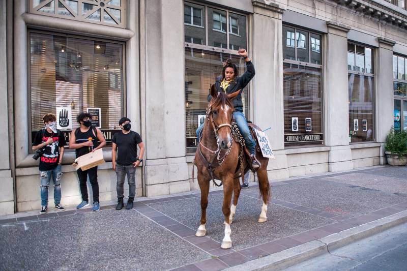 Brianna Noble, owner of Mulatto Meadows ranch in Martinez, said she brought her horse Dapper Dan because she wanted to offer a "good, bright, positive image to focus on, as opposed to some of the destruction," during protests over the Minneapolis police killing of George Floyd.