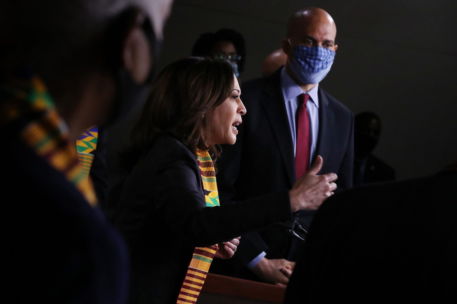 Sen. Kamala Harris (D-CA) (L) and Sen. Cory Booker (D-NJ) join fellow Democrats from the House and Senate to introduce new legislation to end excessive use of force by police and make it easier to identify, track, and prosecute police misconduct at the U.S. Capitol June 08, 2020.