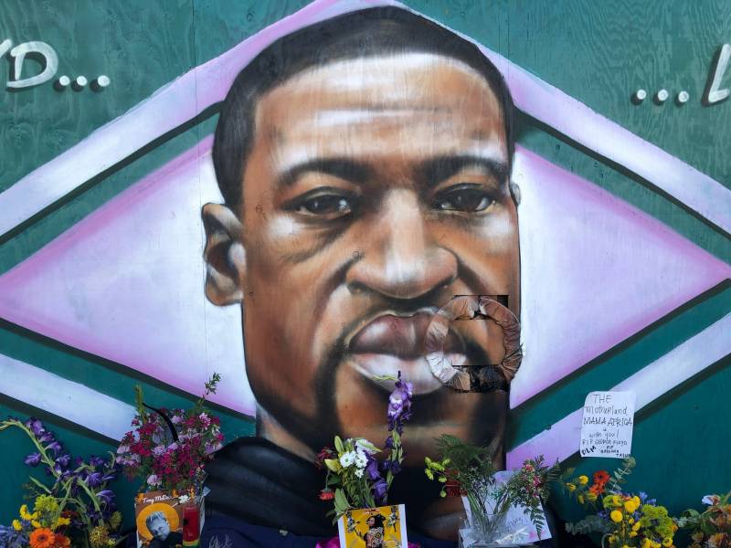 A mural in downtown Oakland depicting George Floyd, an unarmed man killed by a Minneapolis police officer who knelt on his neck for nearly 9 minutes.