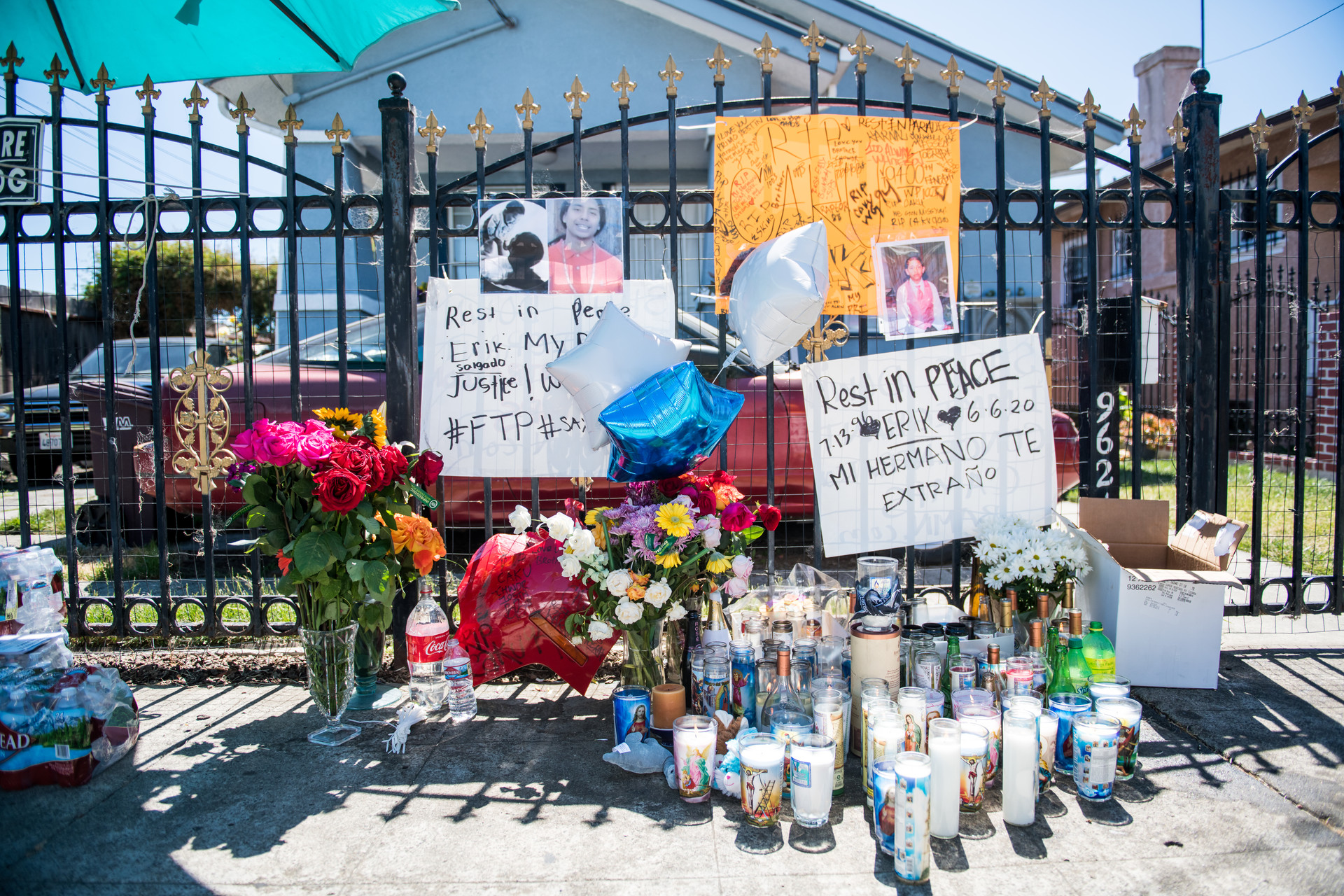 Mourners contributed to a memorial for Erik Salgado in East Oakland on June 8. Salgado was shot and killed by California Highway Patrol officers on Saturday June 6.