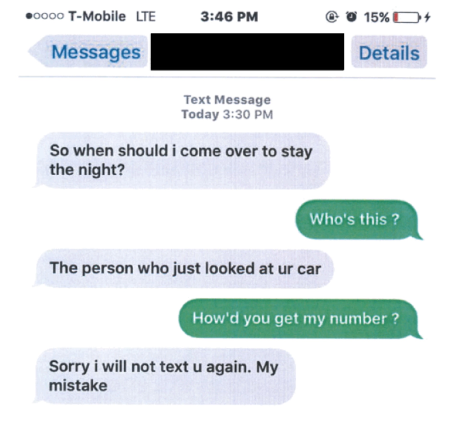 The image shows text messages sent by a former CHP Officer to a woman whose vehicle he had just inspected. The officer texted, "So when should i come over to stay the night?" Response: "Who's this ?" Officer: "The person who just looked at ur car" Response: "How'd you get my number ?" Officer: "Sorry i will not text u again. My mistake"