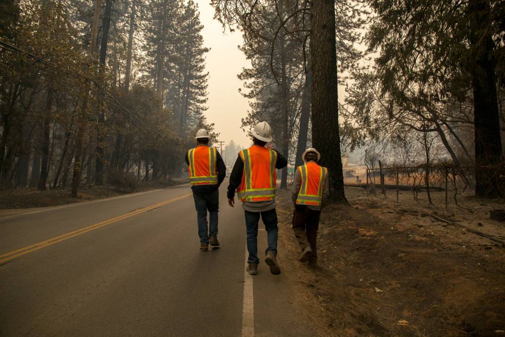 PG&E subcontractors assess vegetation at risk for catching fire near Paradise, Calif. on Nov. 13, 2018, five days after a PG&E transmission line sparked the Camp Fire, the deadliest and most destructive wildfire in modern California history. The blaze leveled the town of Paradise and killed 85 people. Anne Wernikoff/KQED