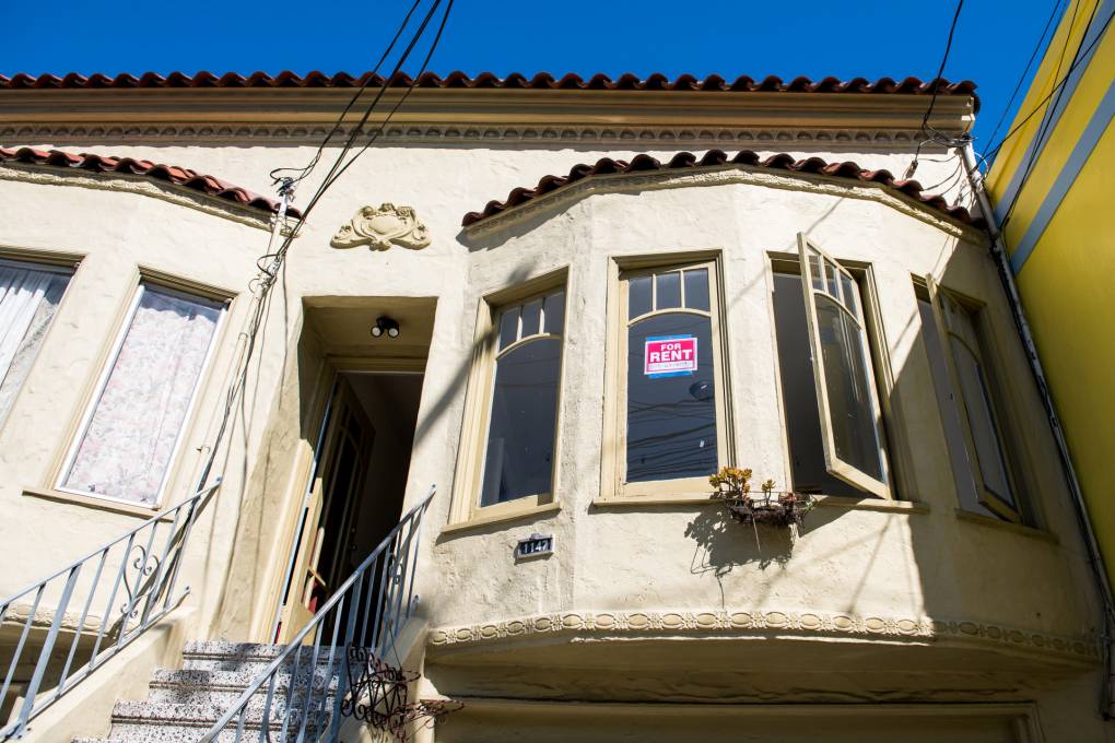 A 'For Rent' sign on a house in the Mission District of San Francisco on Tuesday, March 31, 2020.