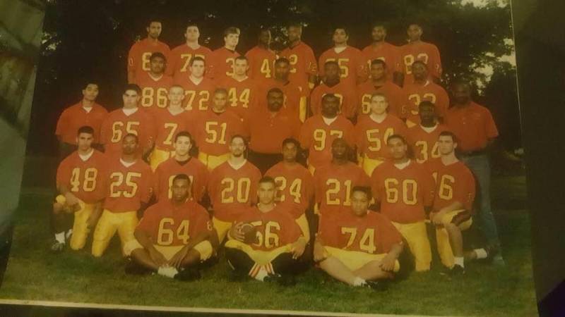 At Berkeley High School, Jinho Ferreira (wearing a number 25 jersey in the second row) said he focused on football. That's where he met his friend, Jihad Akbar (in a number 40 jersey in the top row).