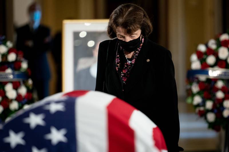 Sen. Dianne Feinstein pays her respects to the late Supreme Court Justice Ruth Bader Ginsburg as she lies in state in the Statuary Hall of the US Capitol, on Sept. 25, 2020.