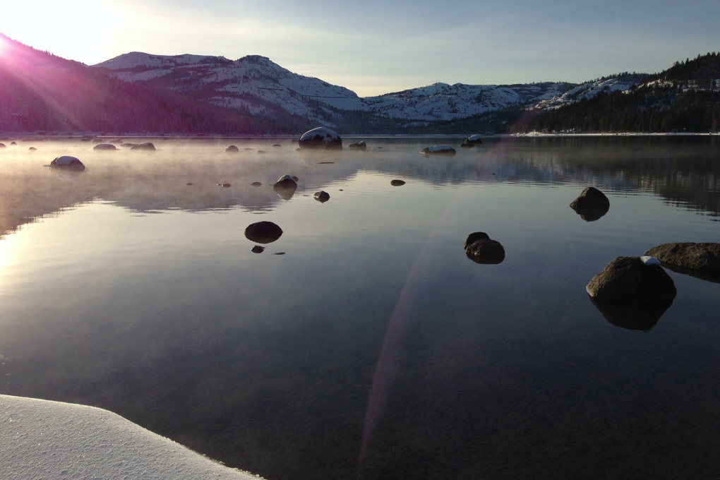 Donner Lake in the winter. The lake was frozen solid for much of the Donner Party's ordeal here. Cyril Fluck/Flickr