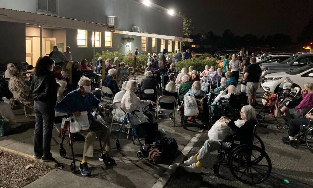 About 200 elderly wildfire evacuees wait at 3:00 a.m. outside the Veterans Memorial Building in Santa Rosa before being turned away from the temporary shelter on Sept. 28, 2020. Gabe Meline/KQED