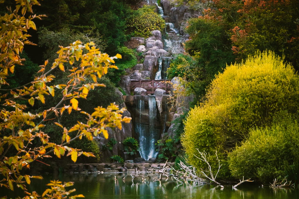 The Stow Lake waterfall in Golden Gate Park, surrounded by colorful autumnal foliage on all sides.