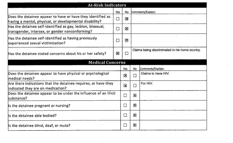 U.S. Customs and Border Patrol “Detainee Assessment” form dated Aug. 9, 2017. Although Luna Guzmán clearly told officials she feared homophobic violence, they did not check the box noting that she identified as LGBTQ. 
