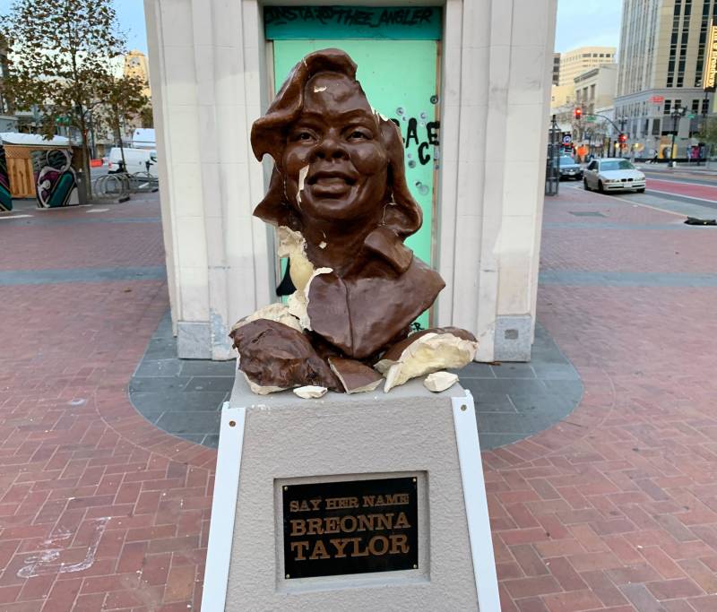 A vandalized bust of Breonna Taylor in downtown Oakland.