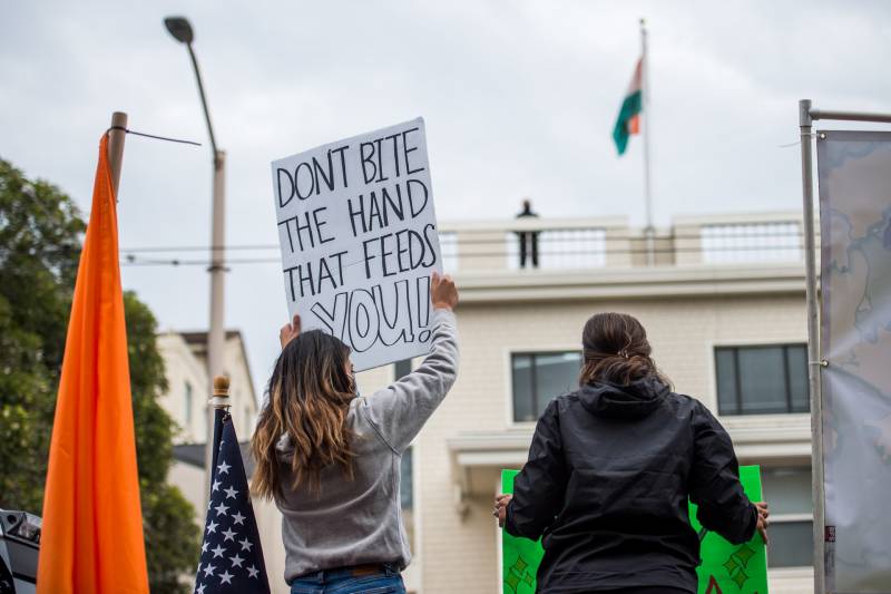 A rally in support of farmer protests in India outside of the Consulate General of India in San Francisco on Dec. 5, 2020.