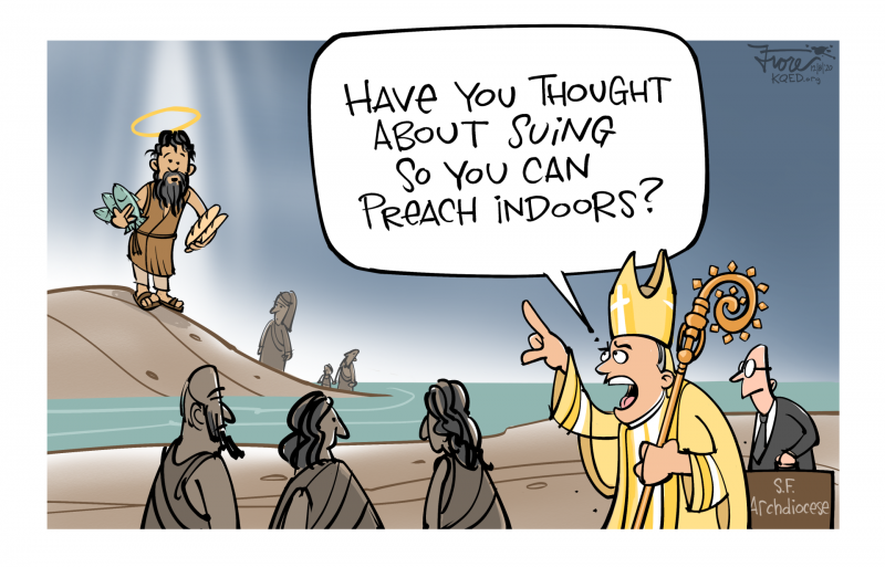 A Mark Fiore cartoon depicting miracle of the loaves and fishes with Jesus and Archbishop Salvatore Cordileone asking if Jesus has thought about suing so he can preach indoors.