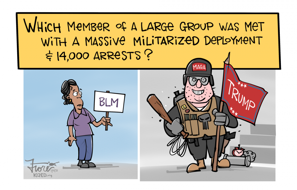 A Mark Fiore cartoon showing the racial disparities between the law enforcement response to BLM protests versus the Trump mob that attacked the U.S. Capitol