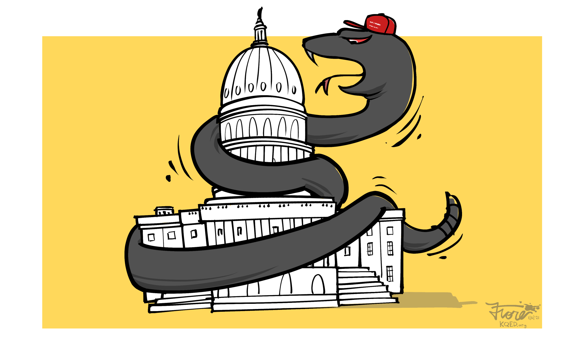 A Mark Fiore cartoon featuring a Trump MAGA snake throttling the U.S. Capitol Building.