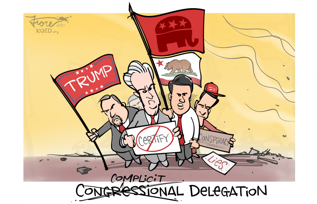 A Mark Fiore cartoon featuring California's Republican Congressional delegation as complicit in the Trump mob attack on the U.S. Capitol Building.