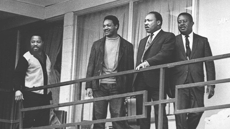 On April 3, 1968, Rev. Martin Luther King Jr., second from right, stands with other civil rights leaders on the balcony of the Lorraine Motel in Memphis, Tenn., a day before he was assassinated at approximately the same place. From left: Hosea Williams, Jesse Jackson, King and Ralph Abernathy.