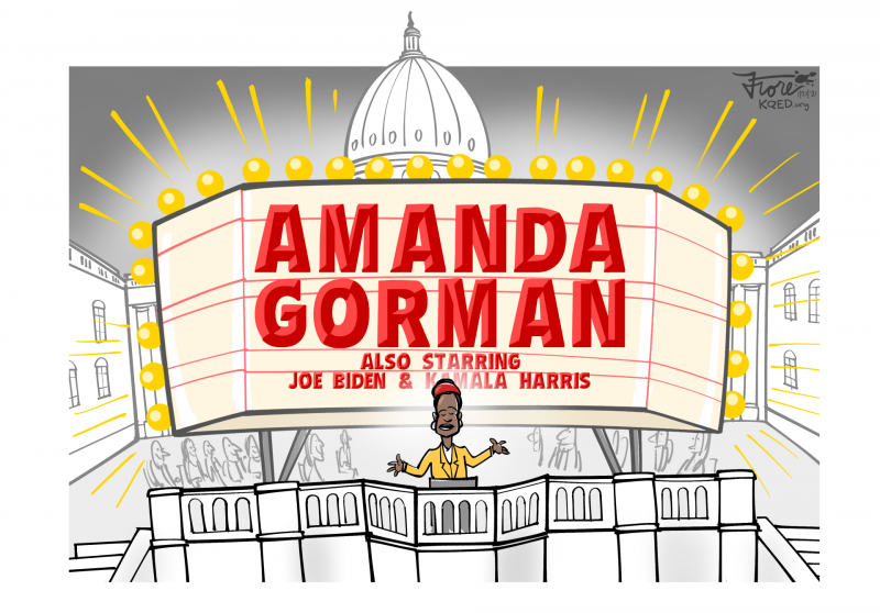 A Mark Fiore cartoon featuring Amanda Gorman, youth poet laureate, at the inauguration with a movie marquee with her name. Also starring, Joe Biden and Kamala Harris.
