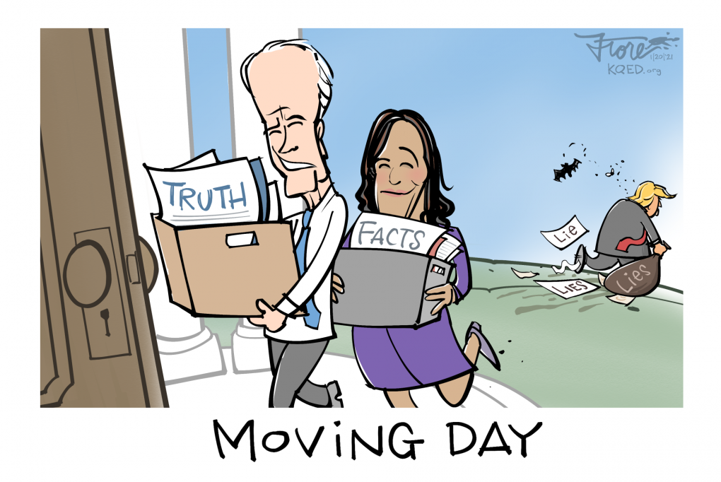 A Mark Fiore cartoon featuring Joe Biden and Kamala Harris moving "truth" and "facts" into the White House as Donald Trump moves out with lies.