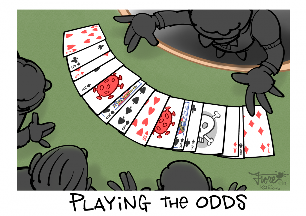 Mark Fiore cartoon about casinos open during the COVID-19 pandemic featuring playing cards with coronavirus snuck into deck.
