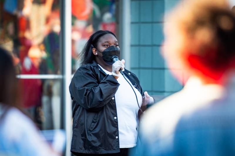 Lowell Black Student Union co-president Shavonne Hines-Foster speaks during a rally held at Lowell High School on Feb. 5, 2021, to address recent racist incidents at the school.