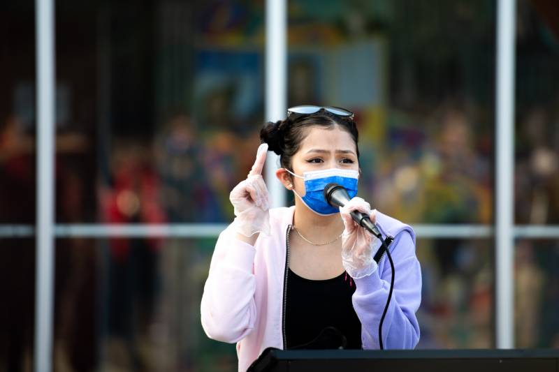 Student delegate Kathya Correa Almanza speaks during a rally at Lowell High School on Feb. 5, 2021, against recent racist incidents at the school.