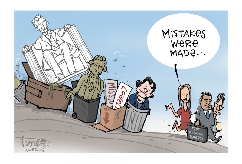 A Mark Fiore cartoon about the San Francisco school board showing historic figures (and Dianne Feinstein) tossed in the dumpster with the school board president saying "mistakes were made."