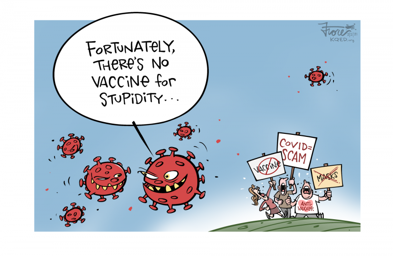 A Mark Fiore cartoon featuring COVID-19 saying, "fortunately, there's no vaccine for stupidity," as anti-vaxxers protest the coronavirus vaccine.