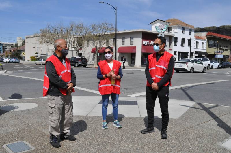 Rich Saito, Jean Yoshida and Ray Chin are getting ready to patrol the streets of Japantown near downtown San Jose with their group Japantown Prepared. The group started patrolling streets after an increase in attacks against Asian Americans.