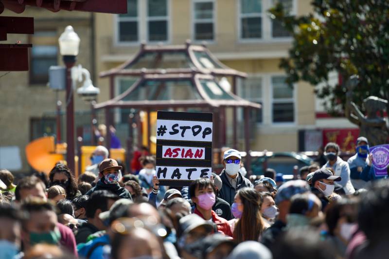 A group of demonstrators hold signs that say, 'Stop Asian Hate' during a vigil and rally in San Francisco’s Chinatown on March 20, 2021.