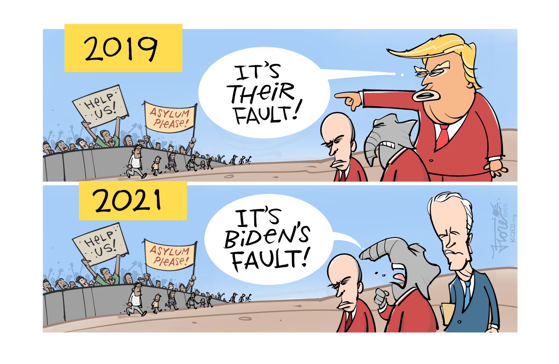 A Mark Fiore cartoon comparing the border "surge" of 2019 to the large numbers of migrants at the border in 2021. In 2019, the Trump character says "it's their fault" while pointing at the migrants, in 2021, Republicans say "it's Biden's fault."