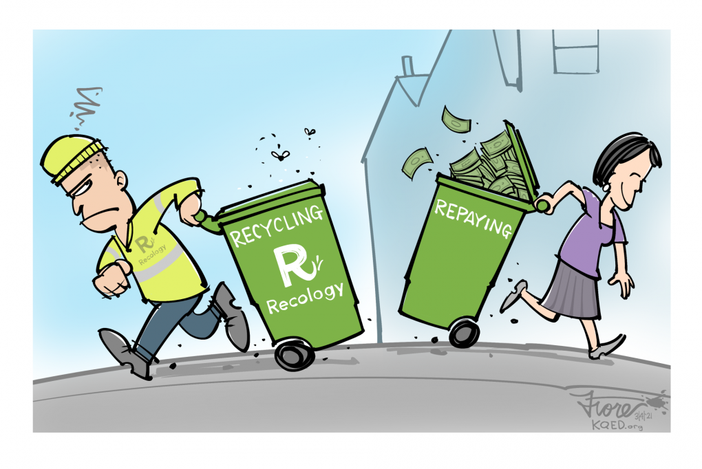 A Mark Fiore cartoon showing a Recology recycling collector taking a recycling can past a ratepayer bringing a can to the house that says "repaying."