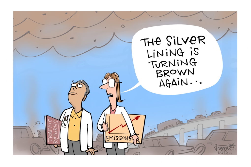 A Mark Fiore cartoon about carbon emissions rising as pandemic conditions improve. Two scientists are looking up at a smoggy sky, with one saying, "the silver lining is turning brown again."