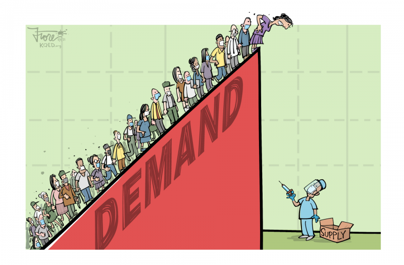 A Mark Fiore cartoon featuring a graph of vaccine supply and demand, with a steep demand line covered with people awaiting their vaccine coming to a cliff where an empty box, nurse and syringe "supply" await.