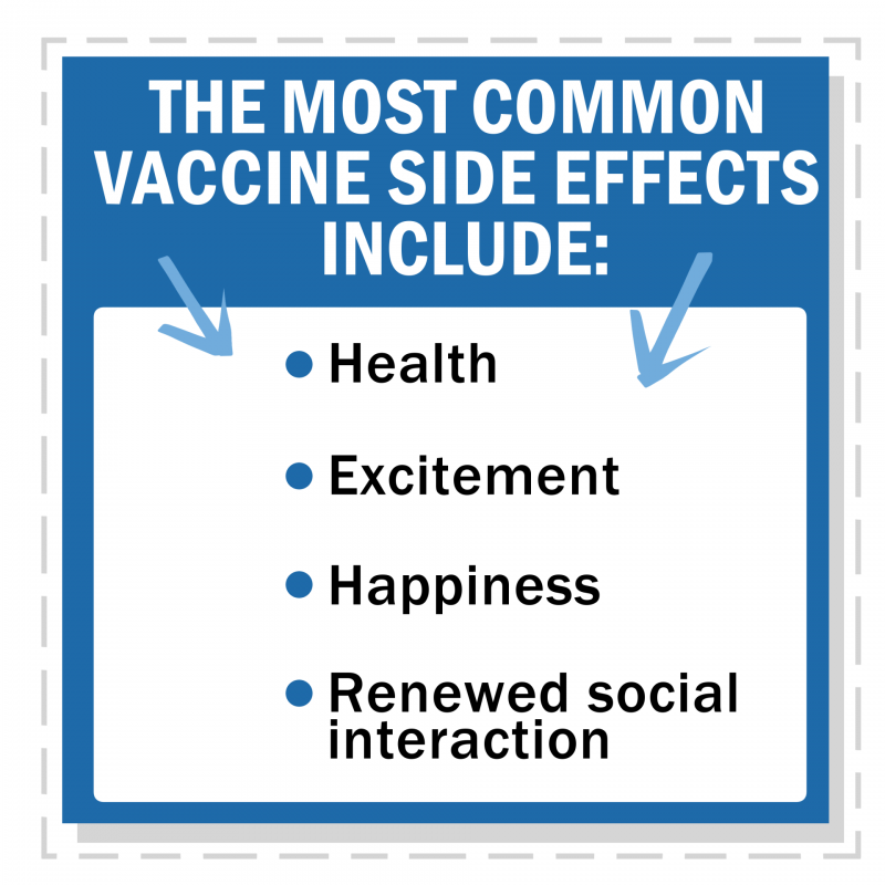 A Mark Fiore cartoon sticker that lists the "most common vaccine side effects" as health, excitement, happiness and renewed social interaction.