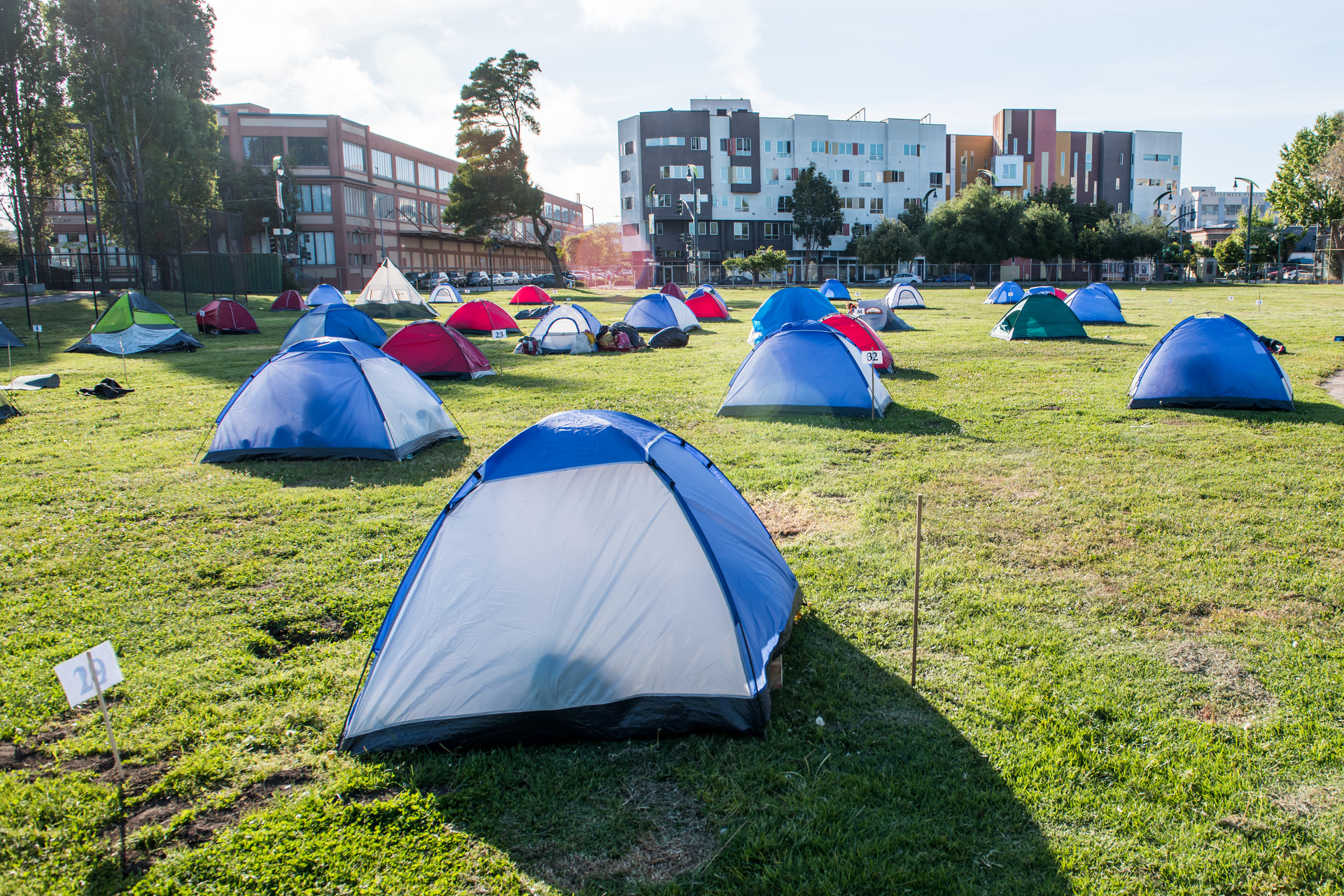 Tents are spaced for social distancing at Bay View Park K.C. Jones Playground on May 5, 2020.