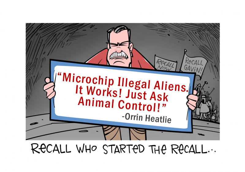 A Mark Fiore highlighting the statement posted on Facebook by the founder of the recall Newsom petition, Orrin Heatlie, who wrote, "Microchip illegal aliens. It works! Just ask animal control."