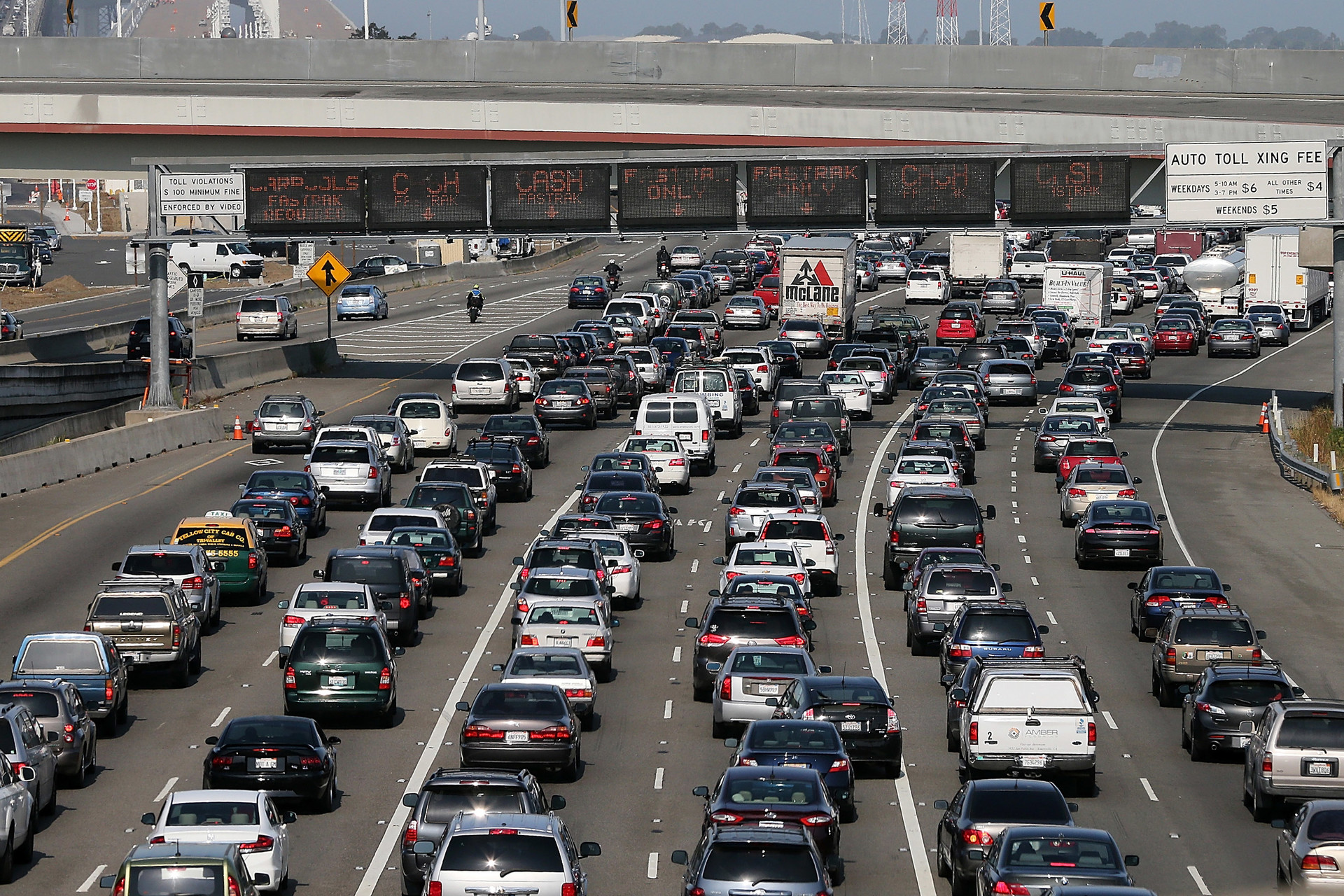 Commuter traffic backs up at the toll plaza to the San Francisco-Oakland Bay Bridge.