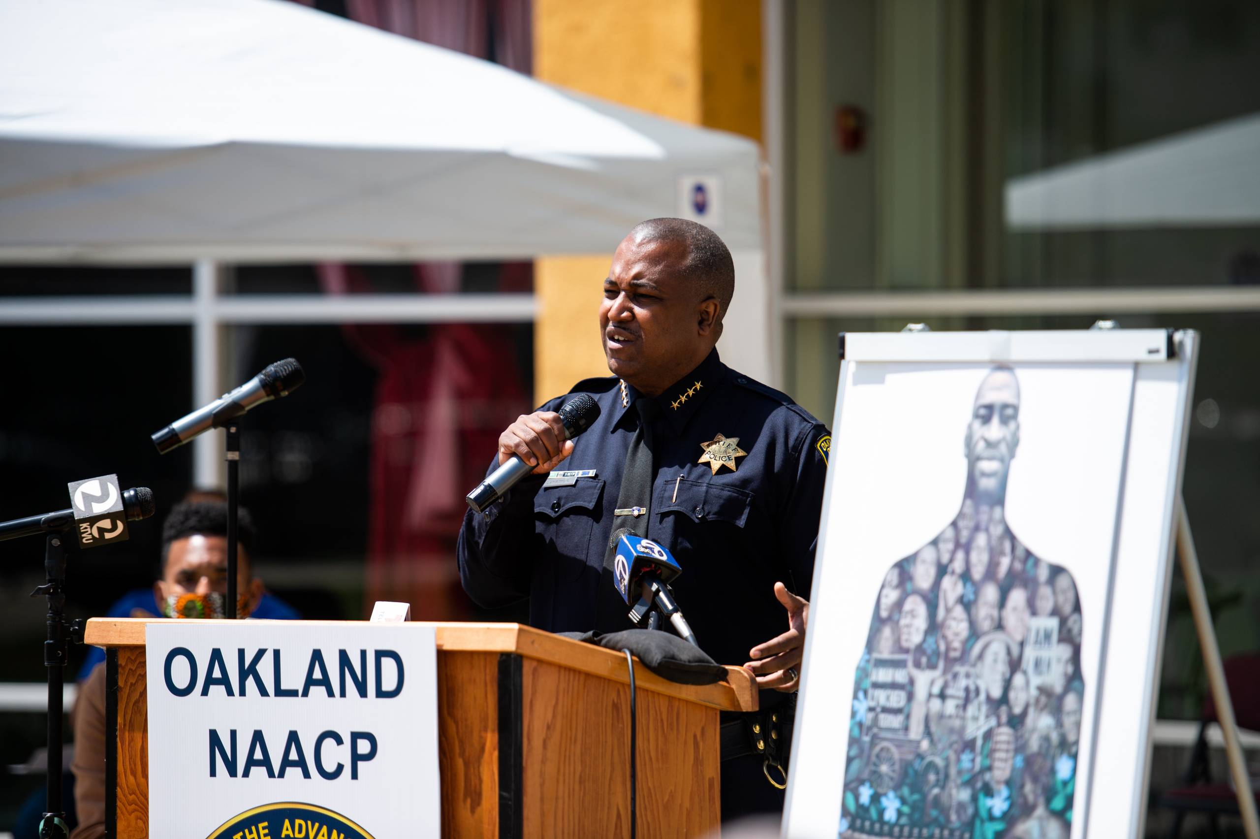 Oakland Police Chief LeRonne Armstrong speaks during a remembrance event to pay tribute to George Floyd.