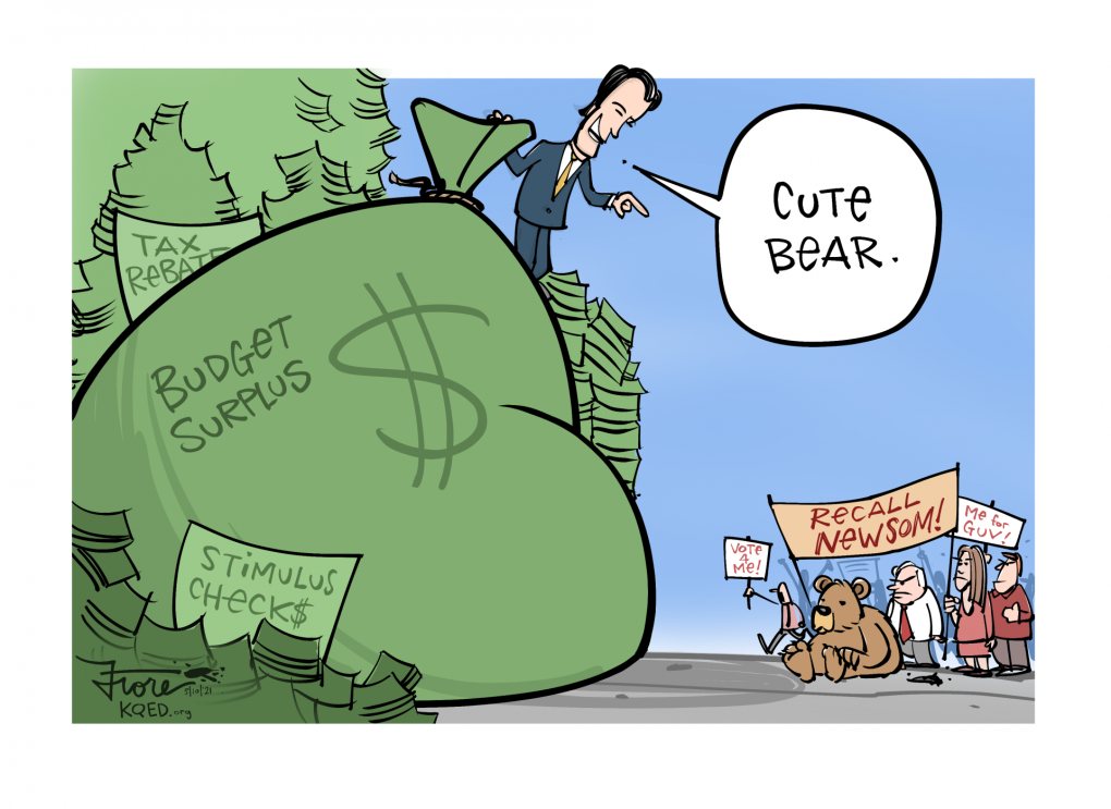 A Mark Fiore cartoon showing Governor Newsom standing atop a huge pile of cash representing the state budget surplus. Newsom, looking down at the small crowd running for governor against him (including John Cox's bear), says, "cute bear."