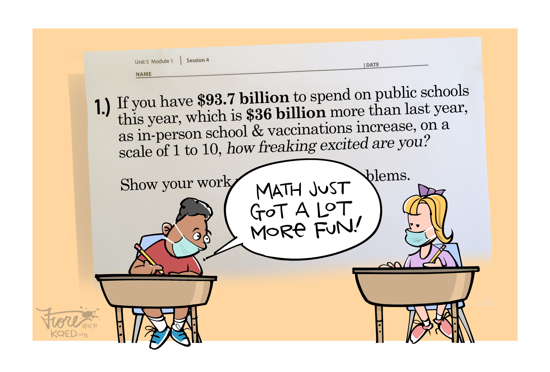 A Mark Fiore cartoon highlighting the surprise budget surplus. Two kids in school are doing a math problem that outlines the rosy budget outlook.