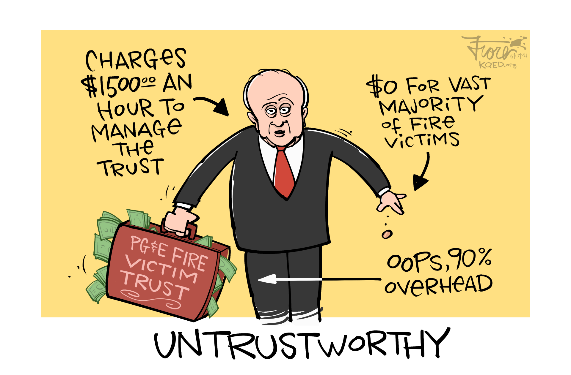 A Mark Fiore cartoon highlighting the outrageous $1,500 hourly rate of John Trotter, trustee of the PG&E Fire Victim Trust. Titled "Untrustworthy."