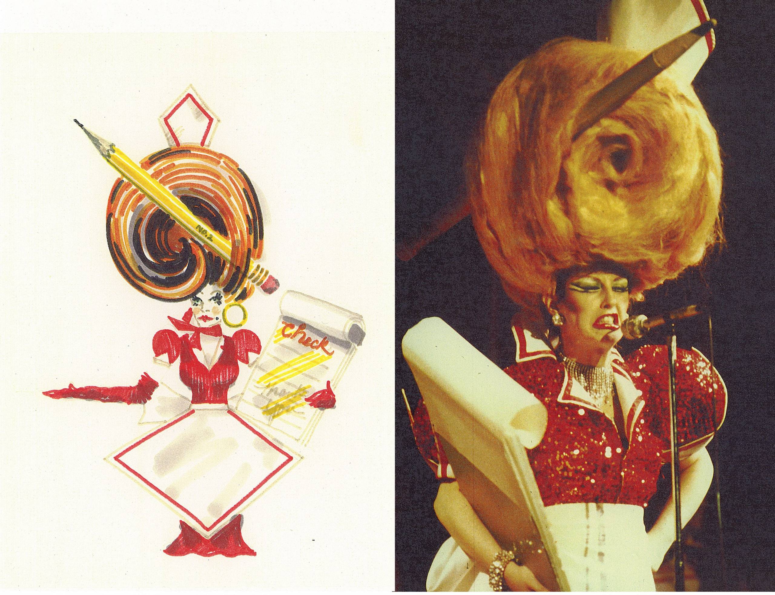 Sketch of Beach Blanket Babylon waitress hat next to the character on stage.