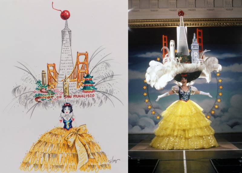 Sketch of Beach Blanket Babylon's San Francisco hat next to on-stage character