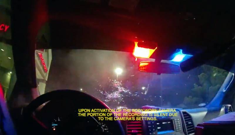 A still from body camera footage taken by the driver of an unmarked Vallejo police pickup truck shows the muzzle of the rifle an officer sitting in the back seat used to shoot Sean Monterrosa through the vehicle's windshield on June 2. Multiple bullet holes can be seen in the windshield.