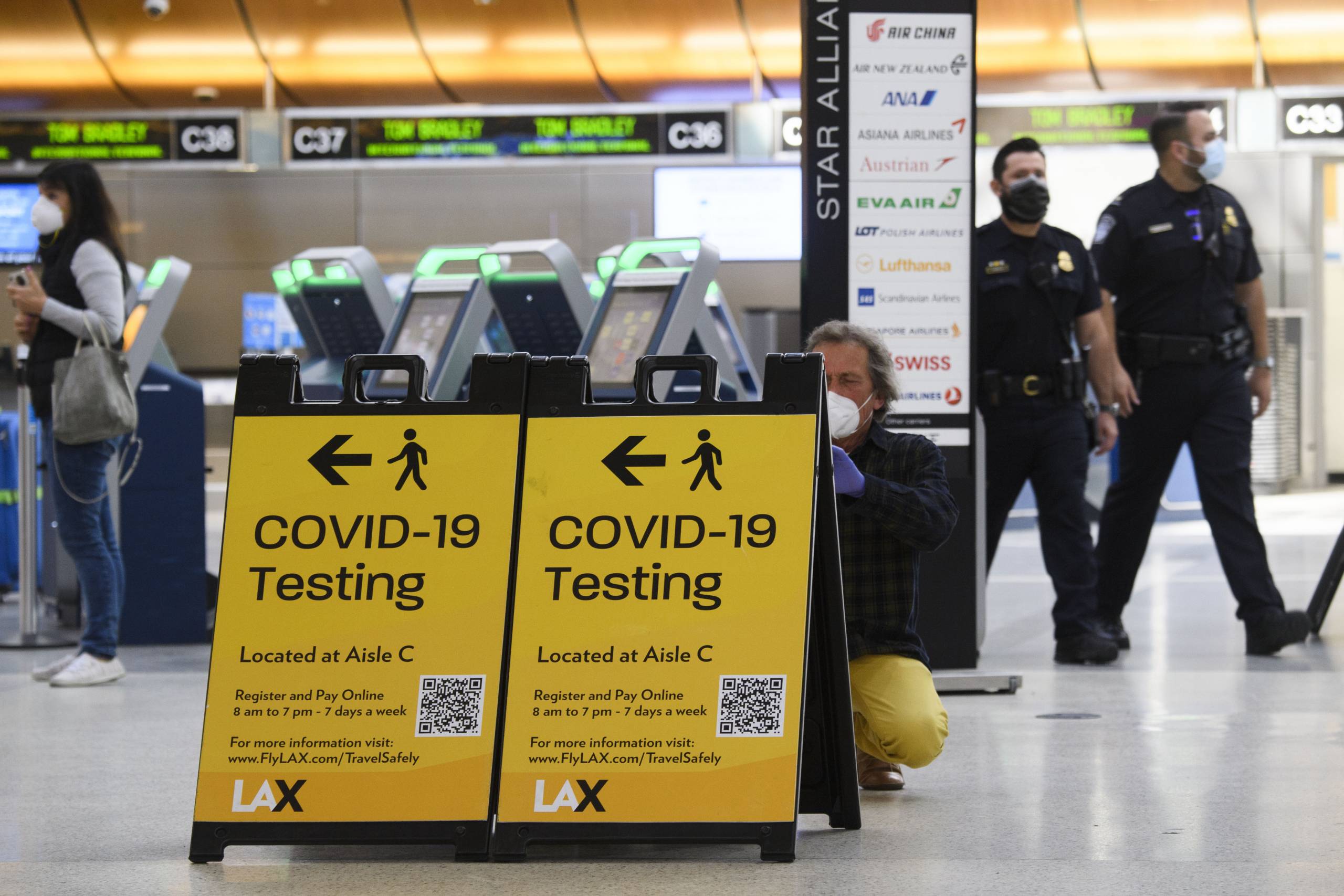 A coronavirus test panel at Los Angeles International Airport (LAX) on February 4, 2021 in Los Angeles.